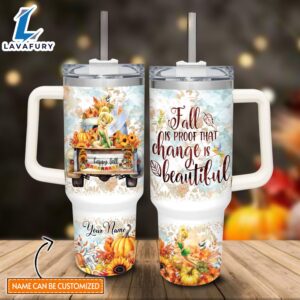 Custom Name Tinker Bell Happy Fall Pumpkin Flower Pattern 40oz Tumbler with Handle and Straw Lid