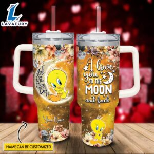 Custom Name Tweety I Love You To The Moon &amp Back 40oz Stainless Steel Tumbler with Handle and Straw Lid