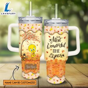 Custom Name Tweety Most Wonderful Time Fall Leaf Pattern 40oz Stainless Steel Tumbler with Handle and Straw Lid