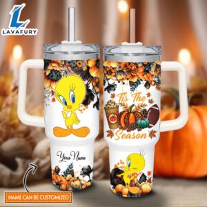 Custom Name Tweety Tis The Season Fall Leaf Pattern 40oz Stainless Steel Tumbler with Handle and Straw Lid
