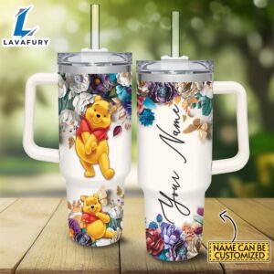 Custom Name Winnie the Pooh 3D Colorful Flower Sublimation Pattern 40oz Tumbler with Handle and Straw Lid
