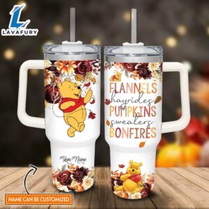 Custom Name Winnie the Pooh Flannels Pumpkins Bonfires Fall Theme Pattern 40oz Tumbler with Handle and Straw Lid