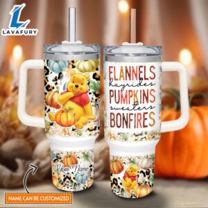 Custom Name Winnie the Pooh Flannels Pumpkins Bonfires Pattern 40oz Stainless Steel Tumbler with Handle and Straw Lid