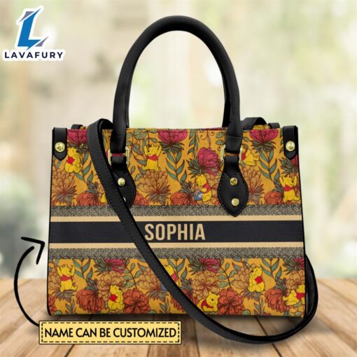 Custom Name Winnie the Pooh Flower Fabric Pattern Premium Leather Handbag