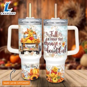Custom Name Winnie the Pooh Happy Fall Pumpkin Flower Pattern 40oz Tumbler with Handle and Straw Lid