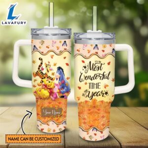 Custom Name Winnie the Pooh Most Wonderful Time Fall Leaf Pattern 40oz Stainless Steel Tumbler with Handle and Straw Lid