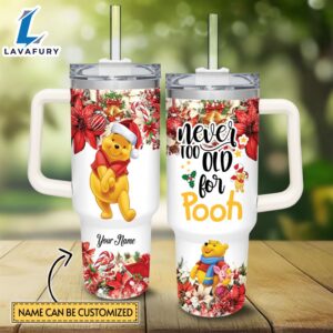 Custom Name Winnie the Pooh Poinsettia Red Flower Christmas Pattern 40oz Stainless Steel Tumbler with Handle and Straw Lid