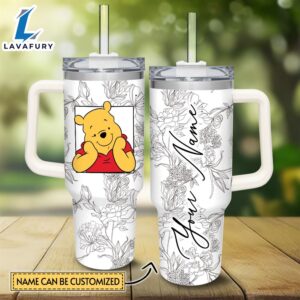 Custom Name Winnie the Pooh Sketch Flower Pattern White 40oz Stainless Steel Tumbler with Handle and Straw Lid