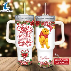 Custom Name Winnie the Pooh Sweet But Twisted Christmas Theme Pattern 40oz Tumbler with Handle and Straw Lid