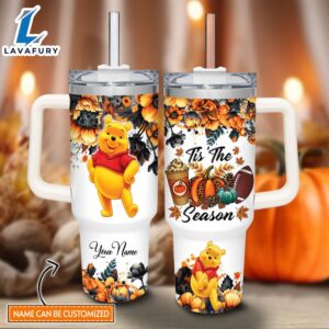 Custom Name Winnie the Pooh Tis The Season Fall Leaf Pattern 40oz Stainless Steel Tumbler with Handle and Straw Lid