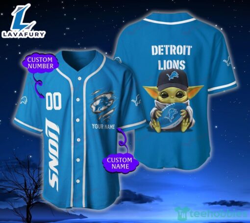 Detroit Lions NFL Baby Yoda Custom Name And Number Baseball Jersey Shirt