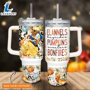 Disney Custom Name Beauty &amp the Beast Flannels Pumpkins Bonfires Pattern 40oz Stainless Steel Tumbler with Handle and Straw Lid