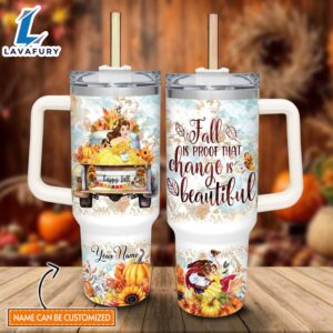 Disney Custom Name Beauty &amp the Beast Happy Fall Pumpkin Flower Pattern 40oz Tumbler with Handle and Straw Lid