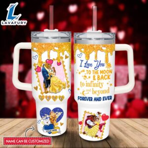 Disney Custom Name Beauty &amp the Beast Love You To The Moon &amp Back 40oz Stainless Steel Tumbler with Handle and Straw Lid