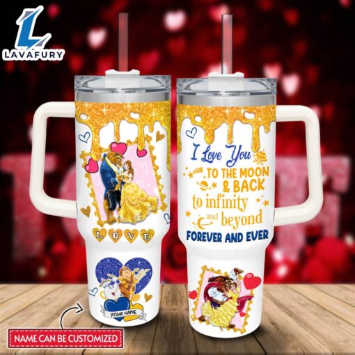 Disney Custom Name Beauty &amp the Beast Love You To The Moon &amp Back 40oz Stainless Steel Tumbler with Handle and Straw Lid