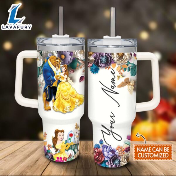 Disney Custom Name Beauty and the Beast 3D Colorful Flower Sublimation Pattern 40oz Tumbler with Handle and Straw Lid