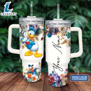Disney Custom Name Donald Duck 3D Colorful Flower Sublimation Pattern 40oz Tumbler with Handle and Straw Lid
