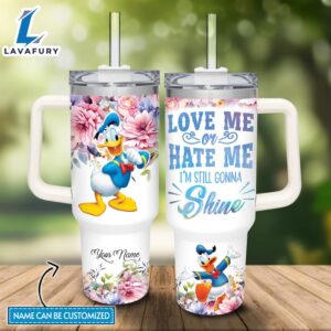 Disney Custom Name Donald Duck I’m Still Gonna Shine Flower Pattern 40oz Stainless Steel Tumbler with Handle and Straw Lid