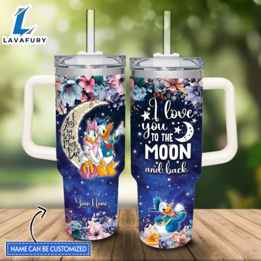 Disney Custom Name Donald Duck I Love You To The Moon &amp Back 40oz Stainless Steel Tumbler with Handle and Straw Lid