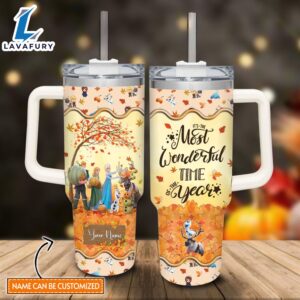 Disney Custom Name Elsa Frozen Disney Most Wonderful Time Fall Leaf Pattern 40oz Stainless Steel Tumbler with Handle and Straw Lid