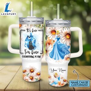 Disney Custom Name Everything Is Fine Cinderella Princess Daisy Flower Pattern 40oz Stainless Steel Tumbler with Handle and Straw Lid