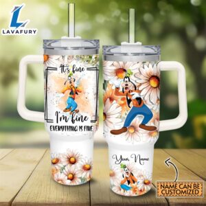 Disney Custom Name Everything Is Fine Goofy Daisy Flower Pattern 40oz Stainless Steel Tumbler with Handle and Straw Lid