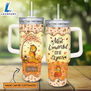 Disney Custom Name Garfield Most Wonderful Time Fall Leaf Pattern 40oz Stainless Steel Tumbler with Handle and Straw Lid