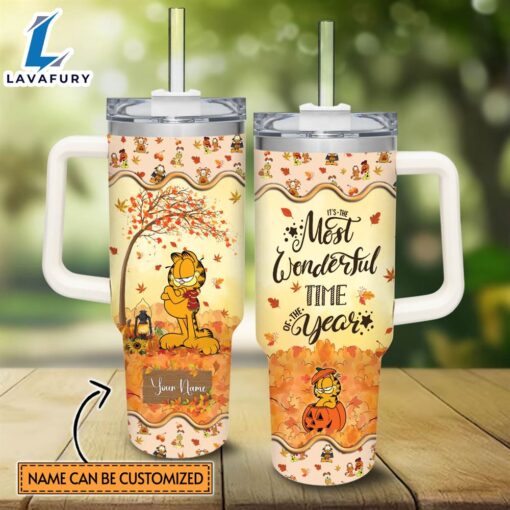 Disney Custom Name Garfield Most Wonderful Time Fall Leaf Pattern 40oz Stainless Steel Tumbler with Handle and Straw Lid