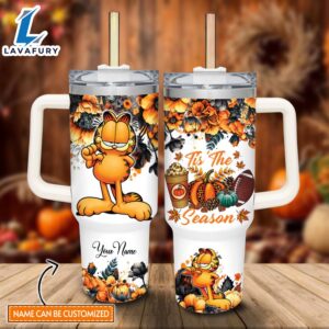 Disney Custom Name Garfield Tis The Season Fall Leaf Pattern 40oz Stainless Steel Tumbler with Handle and Straw Lid