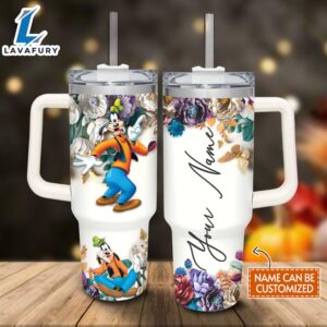 Disney Custom Name Goofy 3D Colorful Flower Sublimation Pattern 40oz Tumbler with Handle and Straw Lid