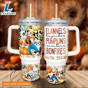 Disney Custom Name Goofy Flannels Pumpkins Bonfires Pattern 40oz Stainless Steel Tumbler with Handle and Straw Lid