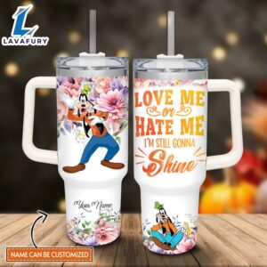 Disney Custom Name Goofy I’m Still Gonna Shine Flower Pattern 40oz Stainless Steel Tumbler with Handle and Straw Lid