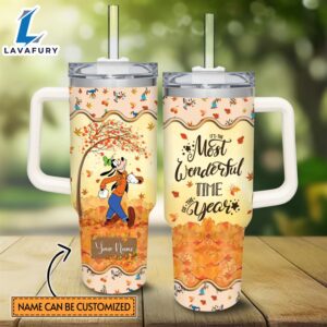 Disney Custom Name Goofy Most Wonderful Time Fall Leaf Pattern 40oz Stainless Steel Tumbler with Handle and Straw Lid