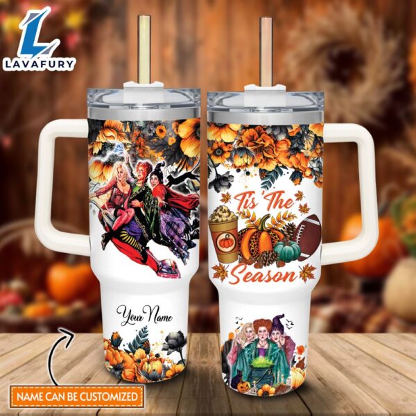 Disney Custom Name Hocus Pocus Tis The Season Fall Leaf Pattern 40oz Stainless Steel Tumbler with Handle and Straw Lid