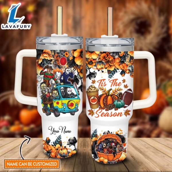 Disney Custom Name Horror Movies Characters Tis The Season Fall Leaf Pattern 40oz Stainless Steel Tumbler with Handle and Straw Lid