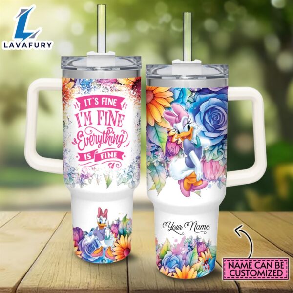 Disney Custom Name It’s Fine I’m Fine Daisy Duck Colorful Flower Pattern 40oz Stainless Steel Tumbler with Handle and Straw Lid