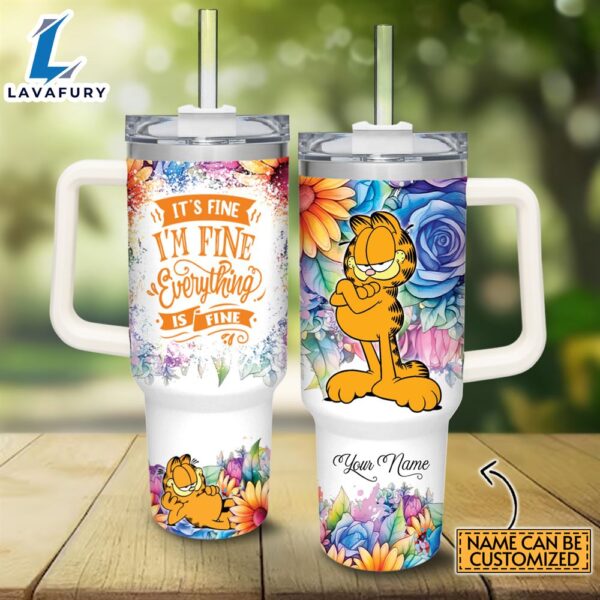 Disney Custom Name It’s Fine I’m Fine Garfield Colorful Flower Pattern 40oz Stainless Steel Tumbler with Handle and Straw Lid