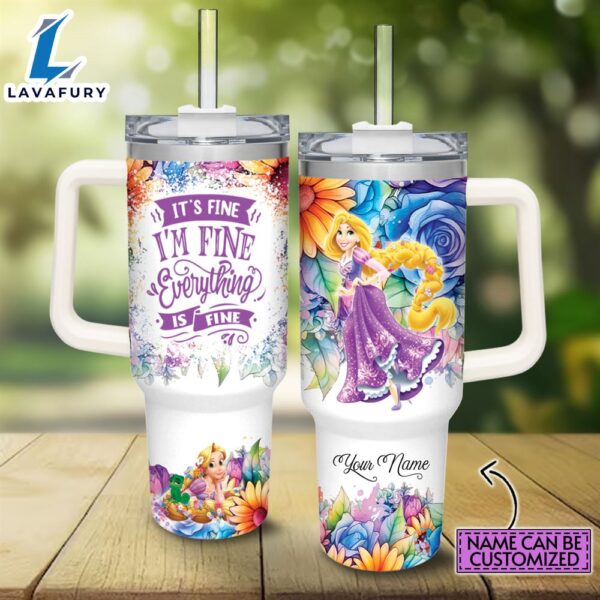 Disney Custom Name It’s Fine I’m Fine Rapunzel Princess Colorful Flower Pattern 40oz Stainless Steel Tumbler with Handle and Straw Lid