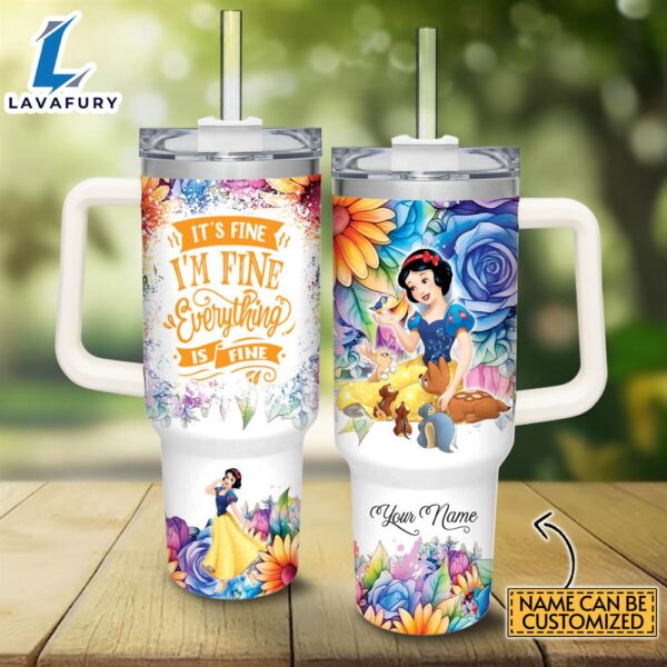 Disney Custom Name It’s Fine I’m Fine Snow White Colorful Flower Pattern 40oz Stainless Steel Tumbler with Handle and Straw Lid