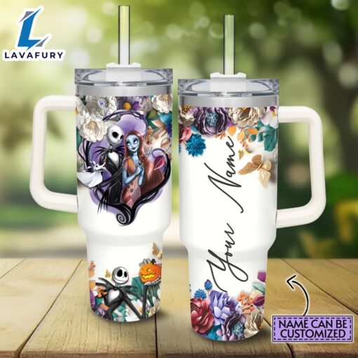 Disney Custom Name Jack Skellington 3D Colorful Flower Sublimation Pattern 40oz Tumbler with Handle and Straw Lid