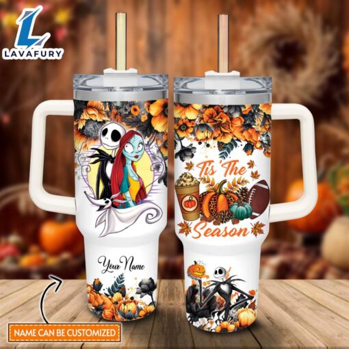 Disney Custom Name Jack Skellington Tis The Season Fall Leaf Pattern 40oz Stainless Steel Tumbler with Handle and Straw Lid