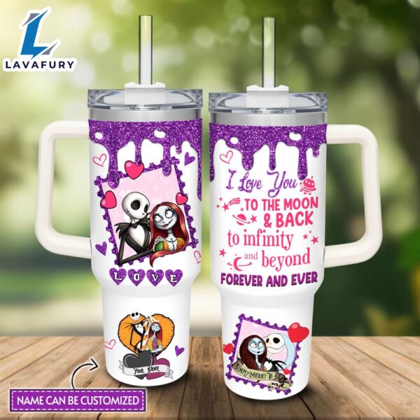 Disney Custom Name Jack &amp Sally Love You To The Moon &amp Back 40oz Stainless Steel Tumbler with Handle and Straw Lid