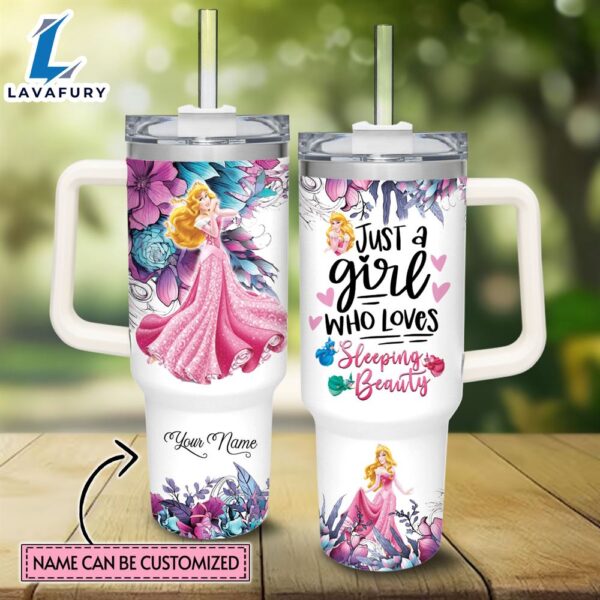 Disney Custom Name Just A Girl Loves Aurora Princess Flower Pattern 40oz Tumbler with Handle and Straw Lid