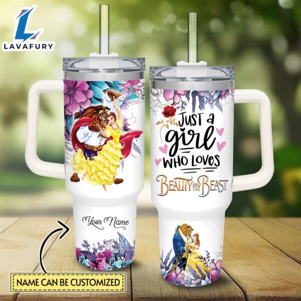 Disney Custom Name Just A Girl Loves Beauty and the Beast Flower Pattern 40oz Tumbler with Handle and Straw Lid
