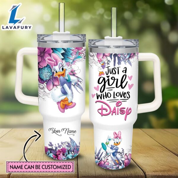 Disney Custom Name Just A Girl Loves Daisy Duck Flower Pattern 40oz Tumbler with Handle and Straw Lid