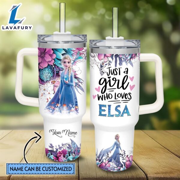 Disney Custom Name Just A Girl Loves Elsa Princess Flower Pattern 40oz Tumbler with Handle and Straw Lid
