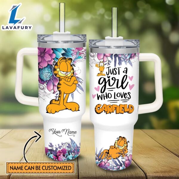 Disney Custom Name Just A Girl Loves Garfield Flower Pattern 40oz Tumbler with Handle and Straw Lid