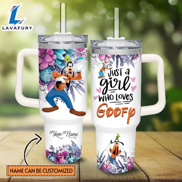 Disney Custom Name Just A Girl Loves Goofy Flower Pattern 40oz Tumbler with Handle and Straw Lid