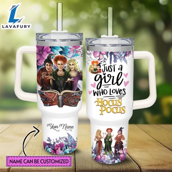 Disney Custom Name Just A Girl Loves Hocus Pocus Flower Pattern 40oz Tumbler with Handle and Straw Lid