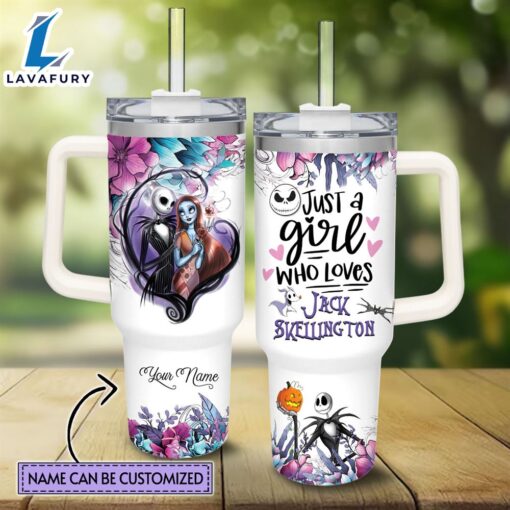 Disney Custom Name Just A Girl Loves Jack Skellington Flower Pattern 40oz Tumbler with Handle and Straw Lid